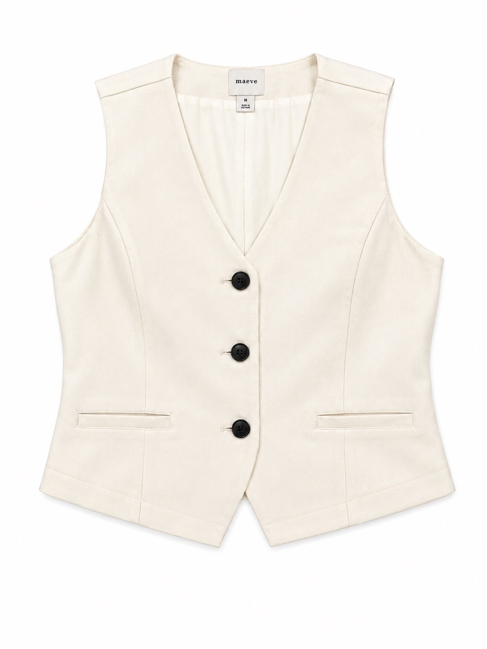 Maeve Cream Tailored V-Neck Button Vest with Black Buttons